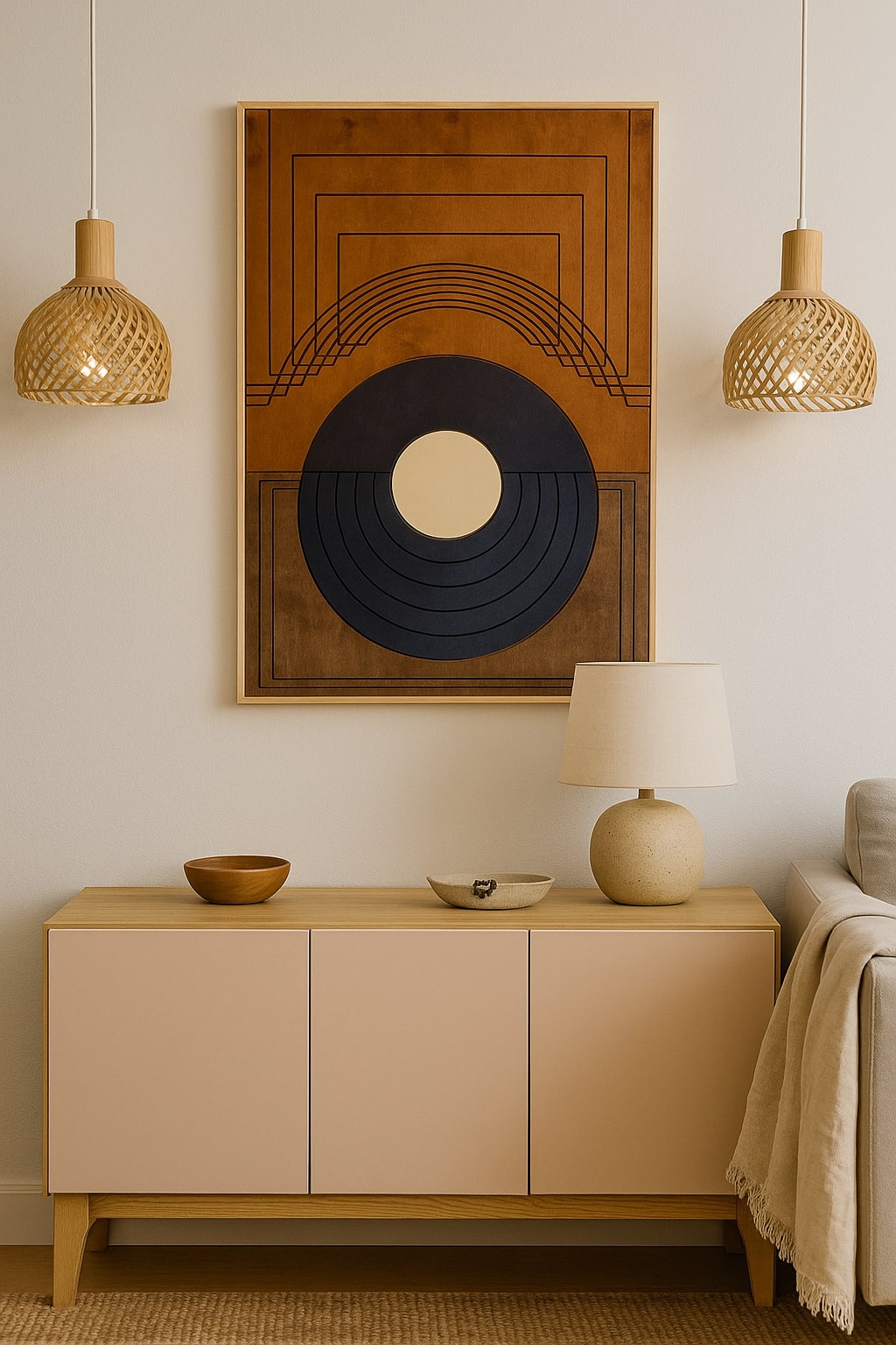 Drewniana dekoracja ścienna DAWN zawieszona nad komodą w ciepłym, minimalistycznym wnętrzu