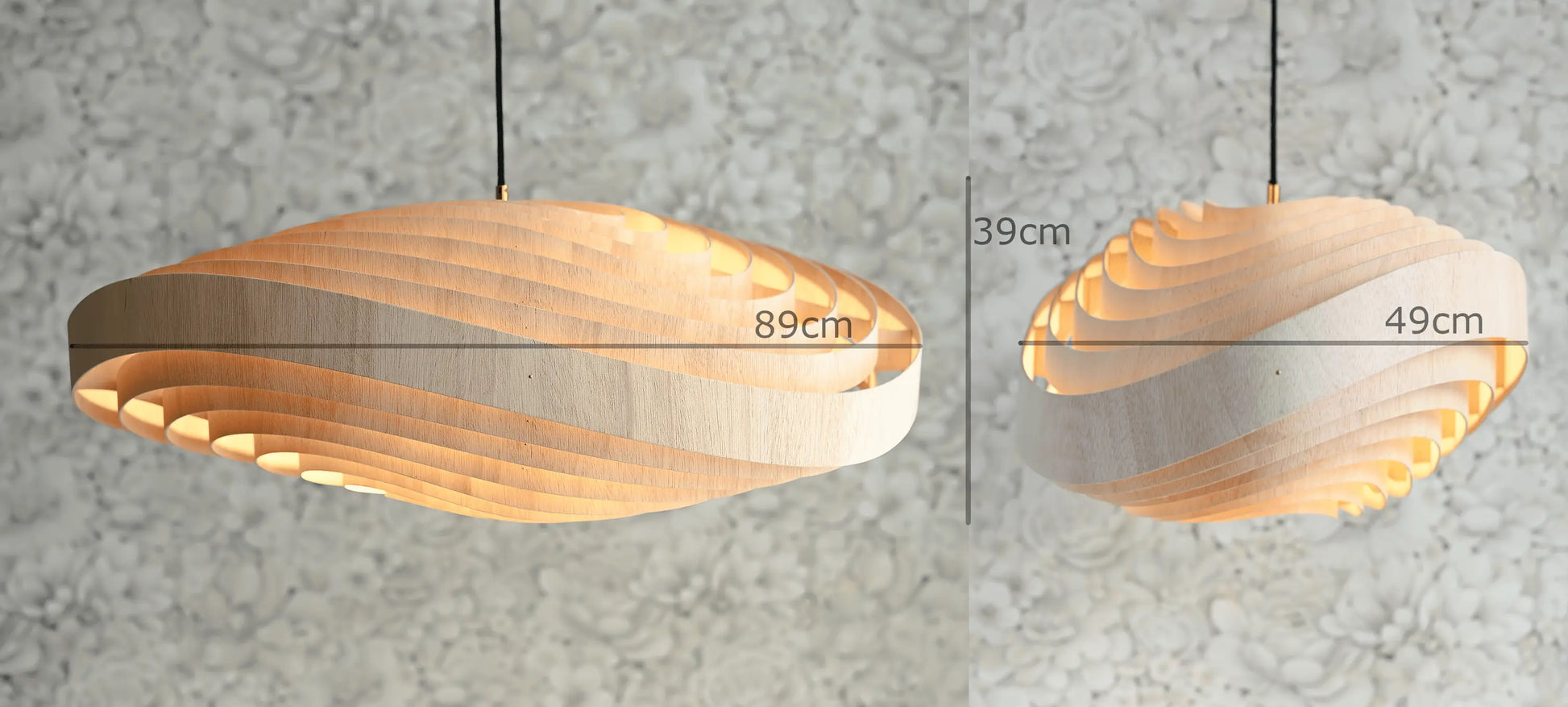 Lampa WAVY z zaznaczonymi wymiarami – drewniana lampa wisząca ze sklejki z drzewa Ceiba